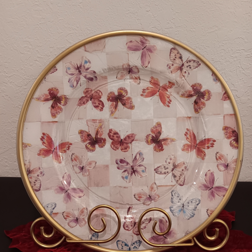 Butterfly Pattern Decorative Plate with Gold Rim 13 Inches